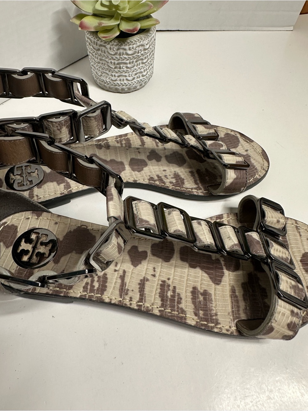 Tory Burch Brown and Beige Patterned Leather Chain-Accent Slide Sandals